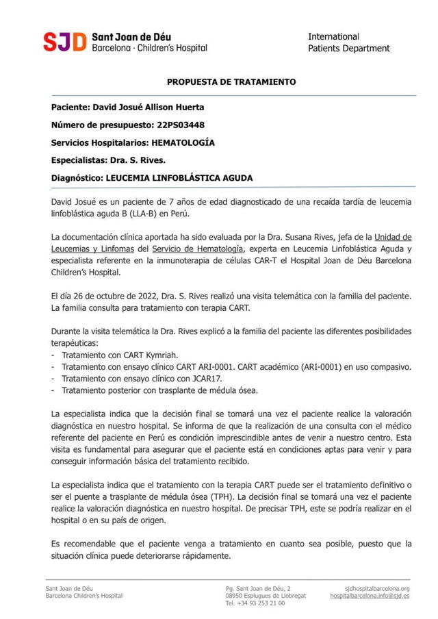 David Josué Allison niño con leucemia linfoblástica aguda requiere más de 2 millones de soles para inmunoterapia de células CART  Cáncer Quimioterapia  Barcelona  Minsa  EsSalud  Rebagliati. Foto: Juntos por David Josué Allison/Facebook