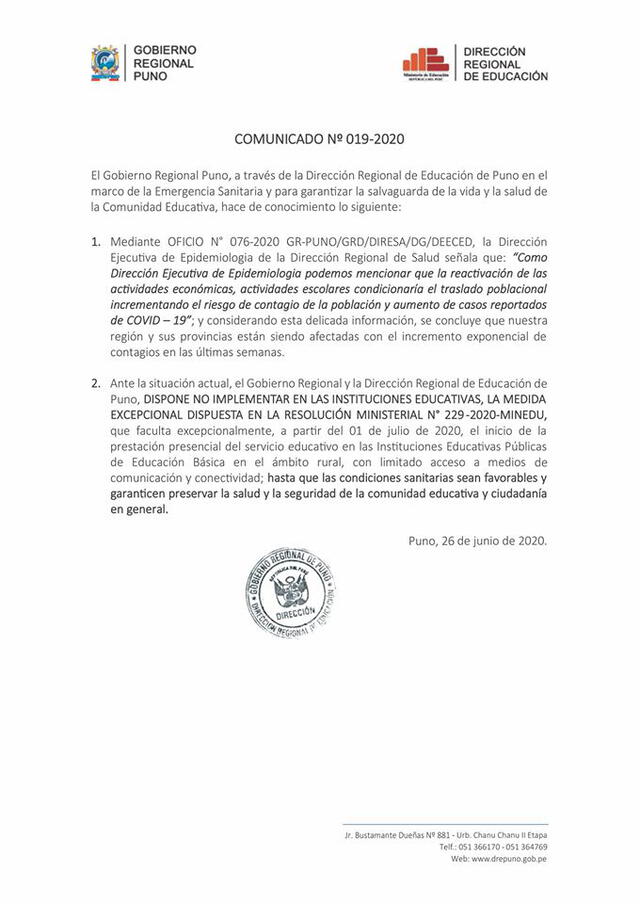 Comunicado sobre clases presenciales en Puno.