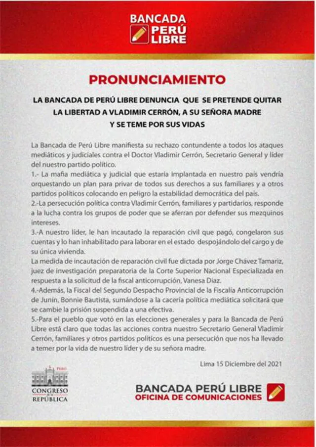 Banca de Perú Libre denuncia que "pretender quitarle la libertad" a Vladimir Cerrón y a su madre.