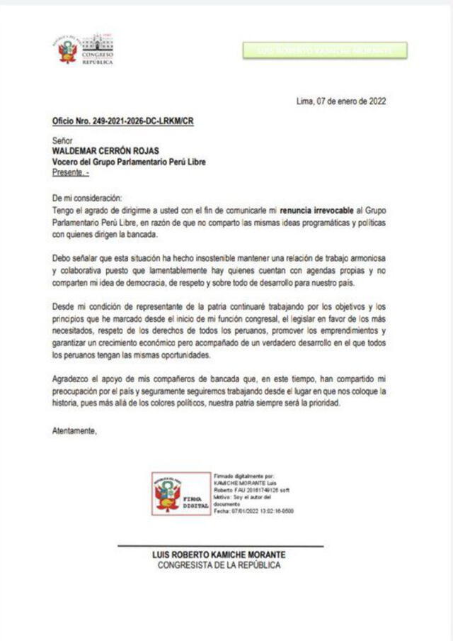 Carta de renuncia de Roberto Kamiche a Perú Libre