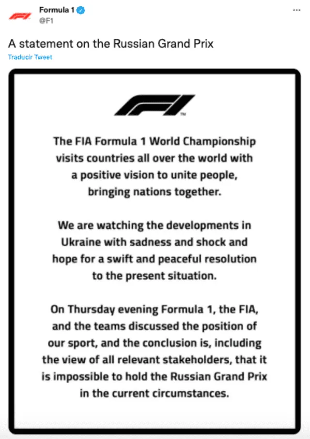 Comunicado de la F1 sobre el GP de Rusia. Foto: captura Twitter F1