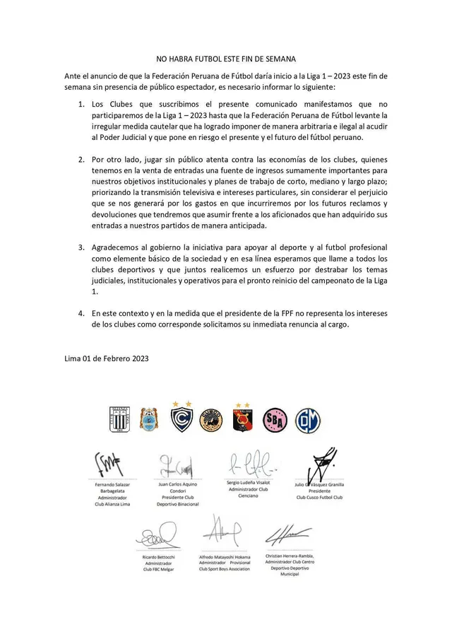 Comunicado conjunto de siete clubes de la Liga 1. Foto: difusión   