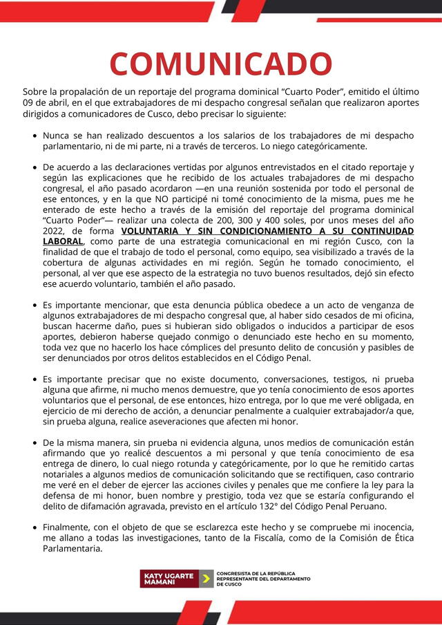  Congresista Ugarte compartió comunicado en el que niega que recortaba sueldo a trabajadores. Foto: Twitter/@katy_ugarte   