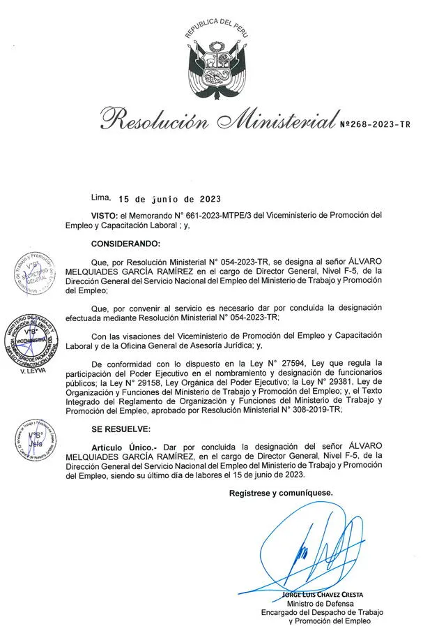Resolución ministerial que destituye a García Ramírez de su puesto en el Ministerio de Trabajo. Foto: Descarga de portal del MTPE   