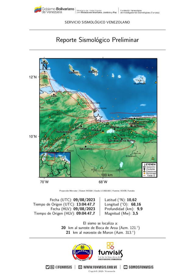 Último sismo en Venezuela. Foto: Funvisis   