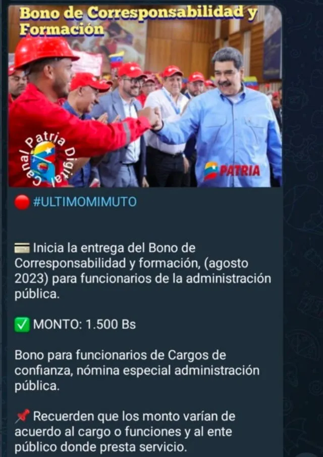 Anuncio de la entrega del bono Corresponsabilidad y Formación. Foto: Telegram   