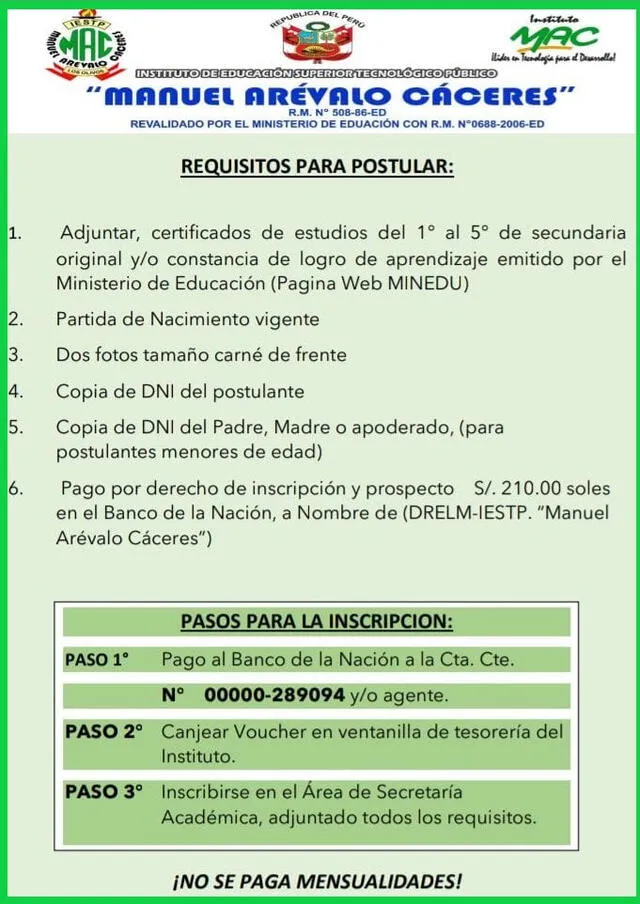 Requisitos para rendir el examen de admisión en el instituto público Manuel Arévalo Cáceres. Foto: facebook   