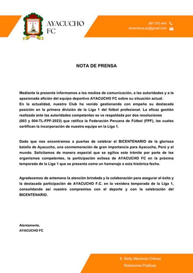 Comunicado de prensa de los zorros. Foto: Ayacucho FC 