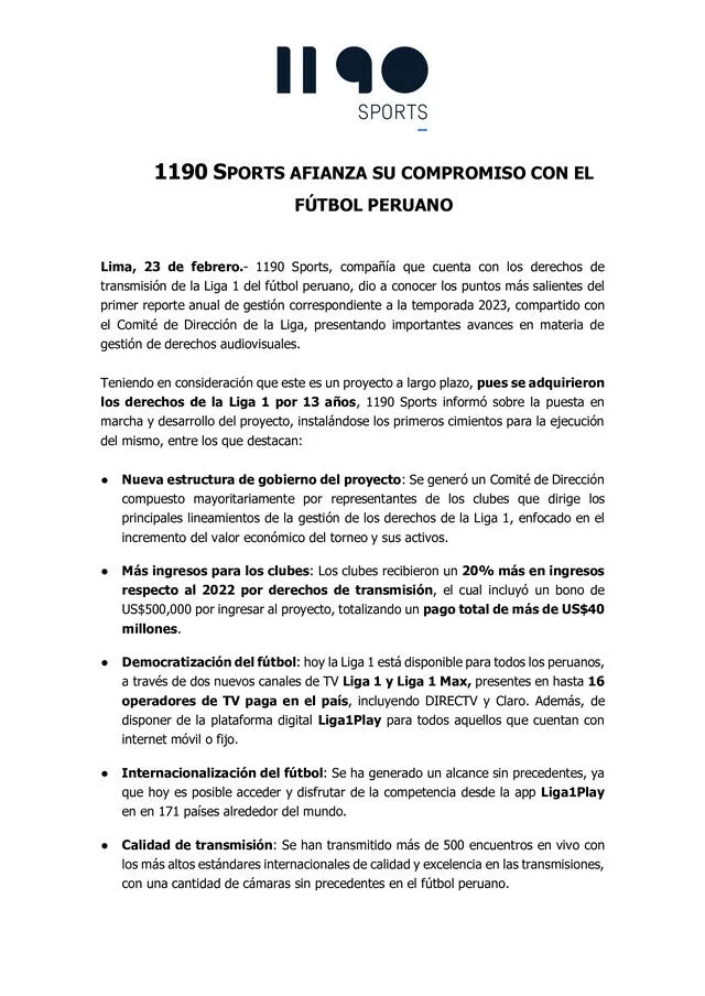 Nota de prensa de 1190 Sport sobre sus actividades en el Perú en el 2023. Foto: 1190 Sports   