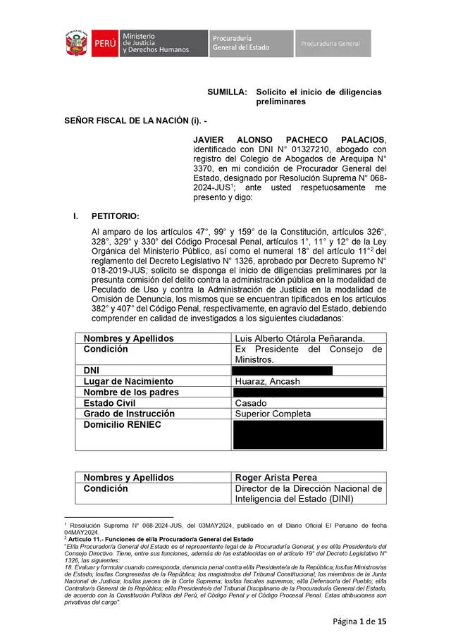 El documento está dirigido al fiscal de la Nación, Juan Carlos Villena.    