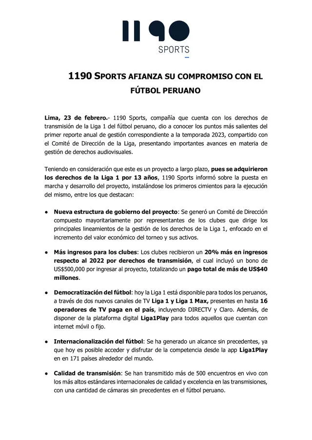 Nota de prensa sobre el compromiso de 1190 Sports con la Liga 1. Foto: 1190 Sport.s   