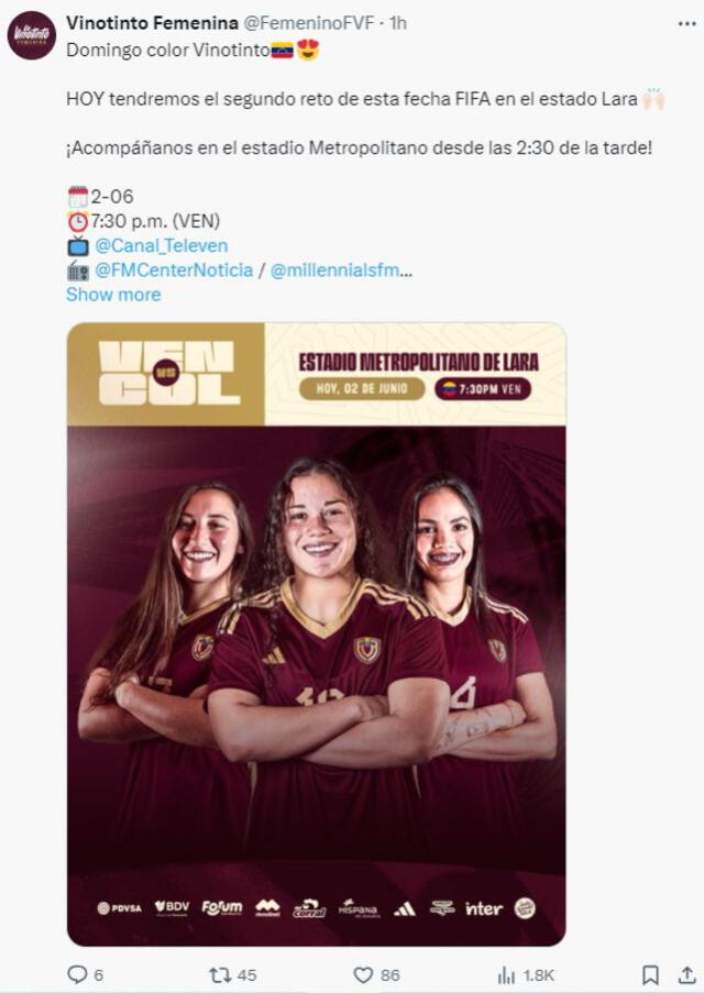 Juega la Vinotinto este domingo 2 de junio en el Metropolitano de Lara. Foto: Vinotinto Femenina/X   