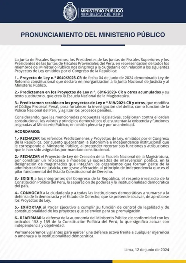 Comunicado de fiscales donde piden respeto a la autonomía del Ministerio Público.   