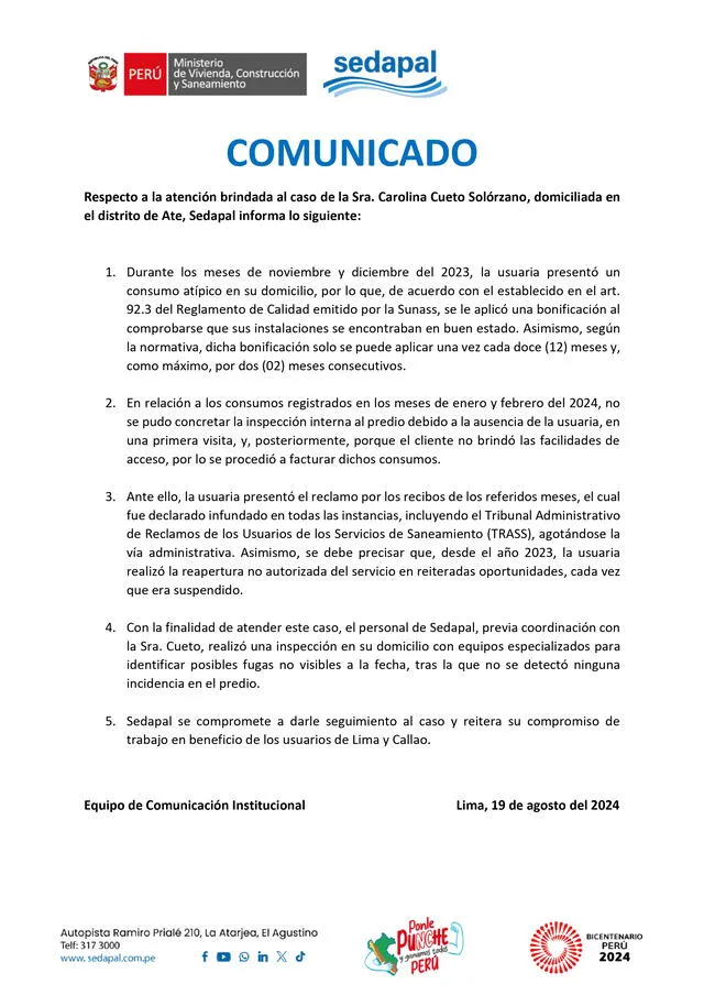  Comunicado de Sedapal sobre la situación de Carolina. Foto: Sedapal   