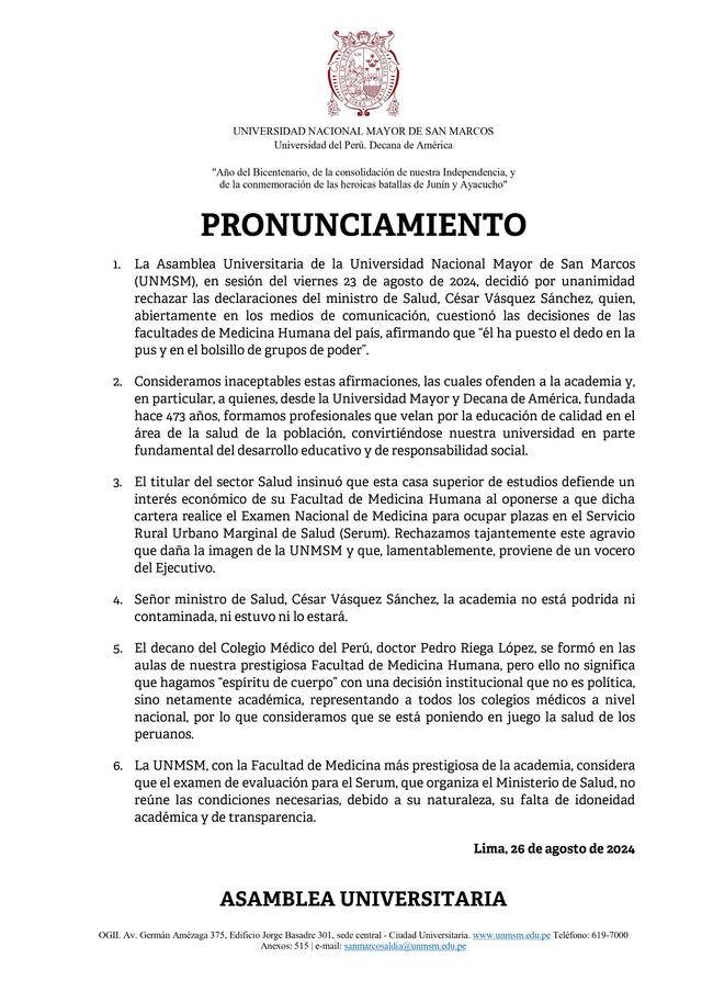 San Marcos rechaza examen Serums del Minsa. Foto: comunicado/UNMSM   