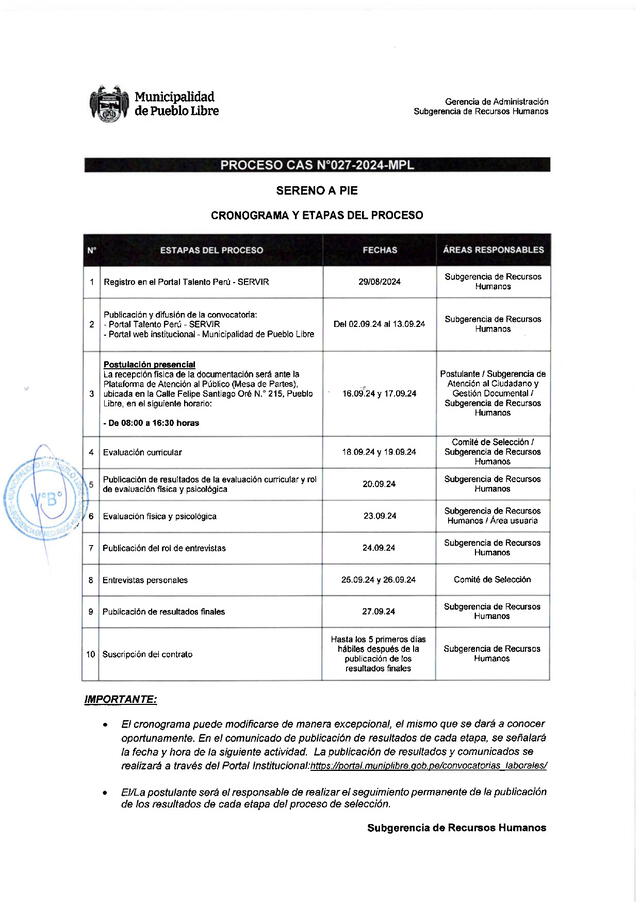  Cronograma de la convocatoria para la contratación administrativa de servicio sereno a pie. Foto: Municipalidad de Pueblo Libre.   