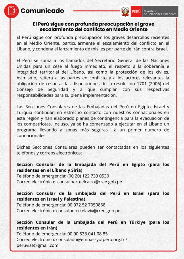 Comunicado de la Cancillería peruana sobre el conflicto entre Irán e Israel. Foto: difusión   