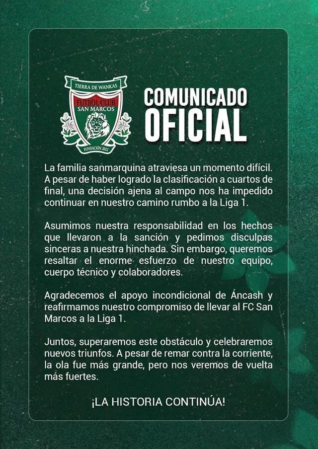 Publicación de FC San Marcos sobre lo ocurrido. Foto: Fútbol Club San Marcos   