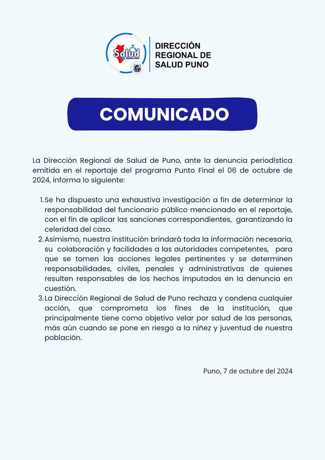  Comunicado de la Dirección Regional de Salud Puno  