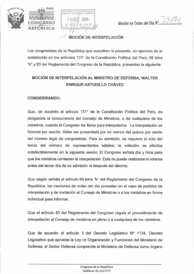 Moción de censura contra el ministro de Defensa, Walter Astudillo. Foto: difusión   