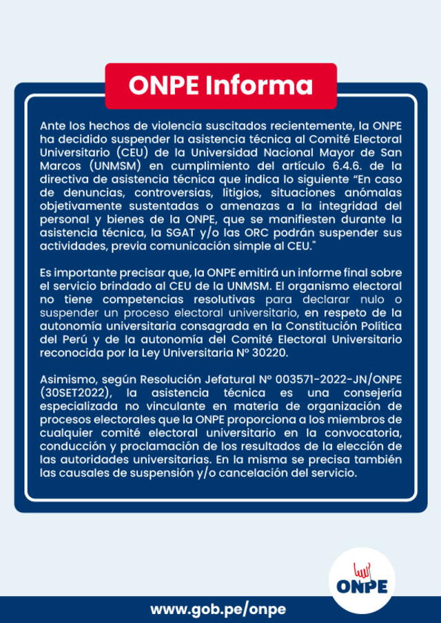 ONPE decide suspender asistencia técnica en elecciones de San Marcos.   