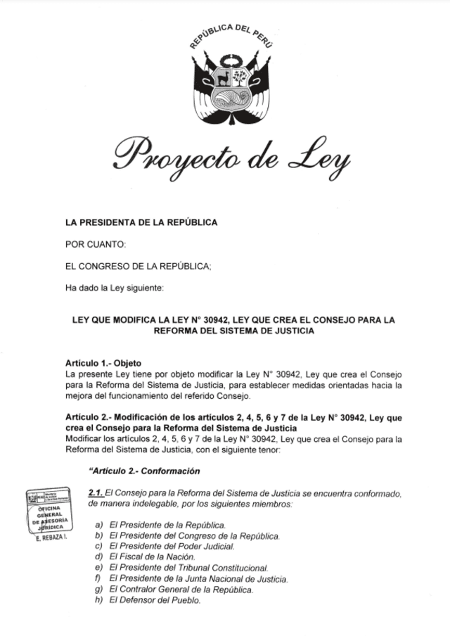 Proyecto de ley presentado por la presidenta Dina, que busca modificar la ley que crea el Consejo de la Reforma del Sistema de Justicia   