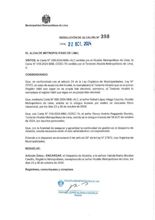 Resolución de la alcaldía que otorga licencia por vacaciones a alcalde de Lima. Resolución es firmada por Rafael López Aliaga.   