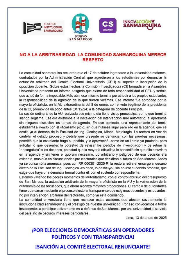  Comunicado que denuncia la destitución arbitraria de decano de la UNMSM. 