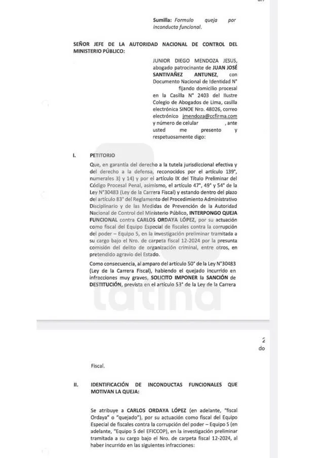  Extracto de la denuncia interpuesta por Juan José Santiváñez contra el fiscal Carlos Ordaya | Créditos: Latina    