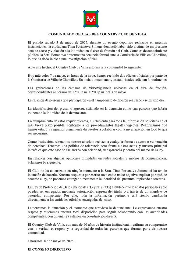 Comunicado del club tras denuncia de modelo. Foto: Country Club de Villa Comunicado del club tras denuncia de modelo. Foto: Country Club de Villa