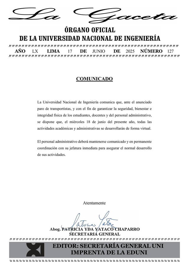  Comunicado de la Universidad Nacional de Ingeniería. Foto: FB   