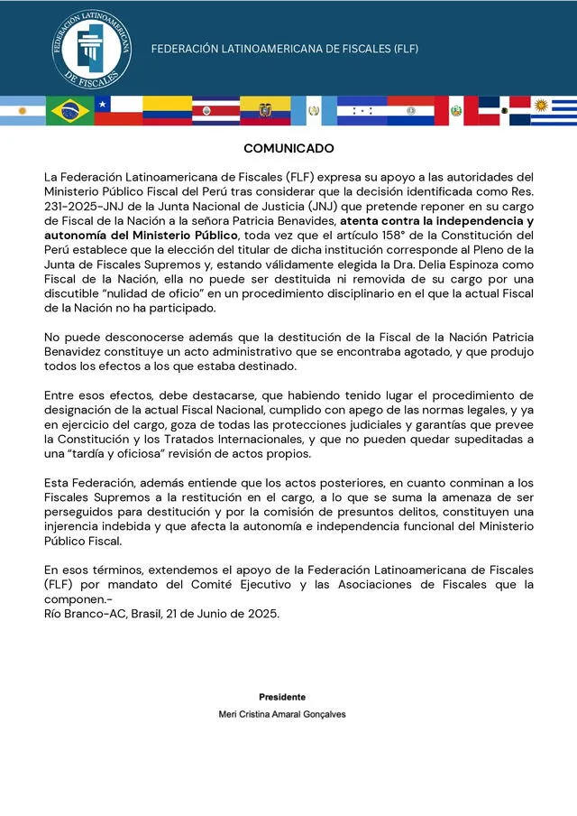 Comunicado de la Federación Latinoamericana de Fiscales. Créditos: difusión