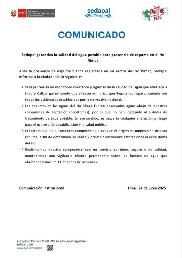 Comunicado de Sedapal sobre la espuma en el río Rímac. Foto: X Comunicado de Sedapal sobre la espuma en el río Rímac. Foto: X