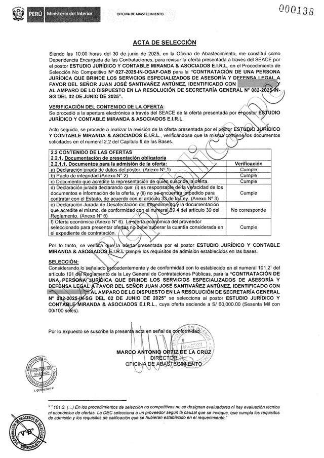  Entrega de la buena pro a estudio de abogados para defender a Juan Santiváñez   