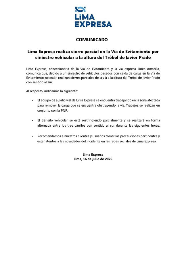  Pronunciamiento de Lima Expresa tras siniestro en Javier Prado. Foto: Lima Expresa   