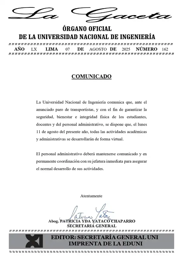  Comunicado oficial de La Gaceta. Foto: UNI   
