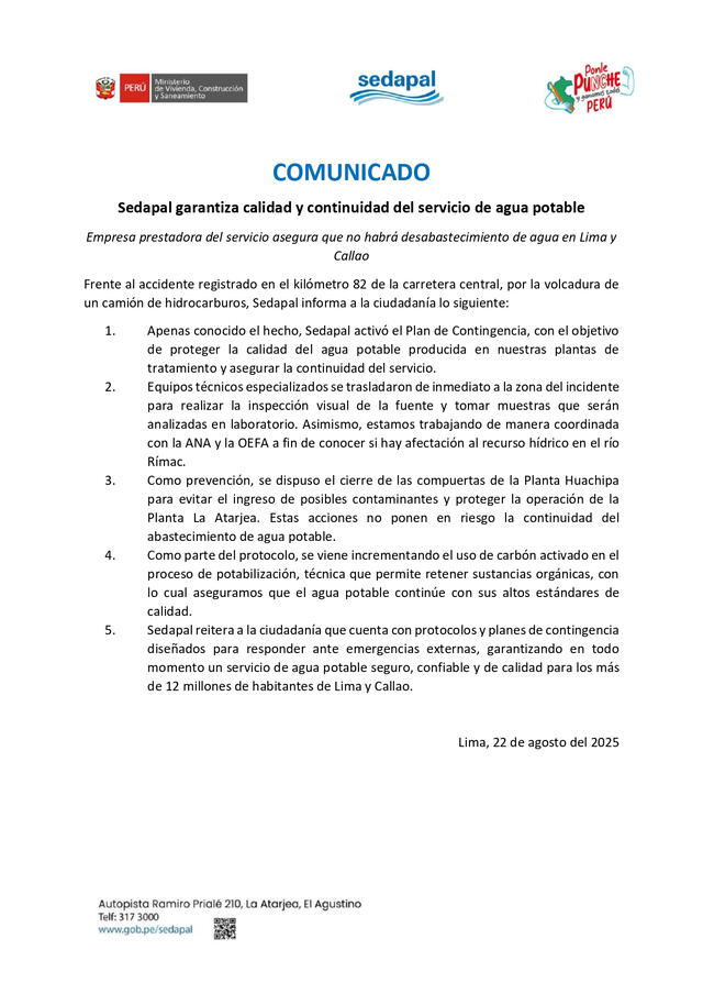 Sedapal se pronuncia ante derrame de petróleo en Río Rimac. Foto: Sedapal   