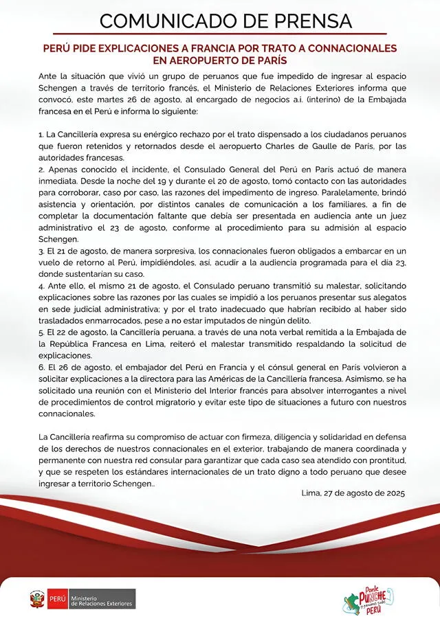 Este es el comunicado oficial de la Cancillería del Perú con respecto a la situación de la familia cajamarquina en el aeropuerto de París. Foto: Cancillería Perú