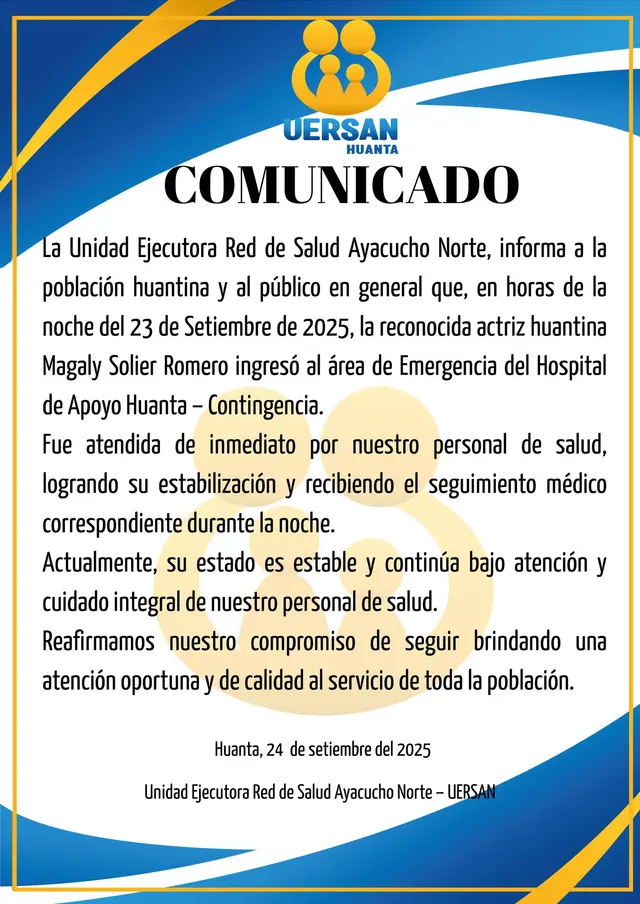 Comunicado hospital de Huanta sobre Magaly Solier. Foto: Faceboook Comunicado hospital de Huanta sobre Magaly Solier. Foto: Faceboook