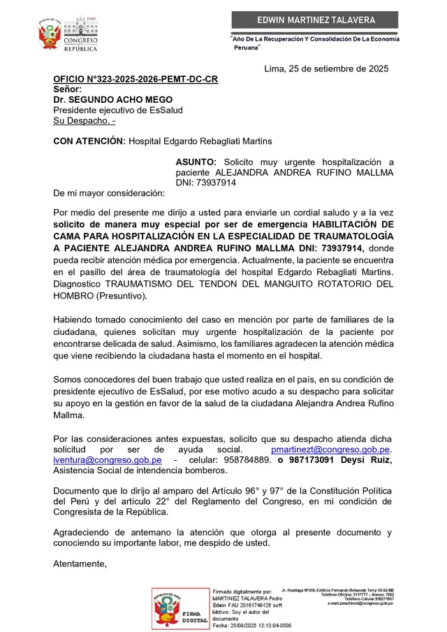 Oficio del congresista Pedro Martínez Talavera.   