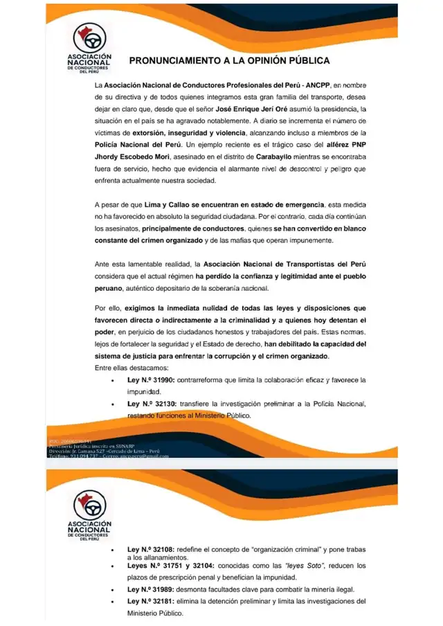 Gremio transportista cuestiona efectividad del estado de emergencia en Perú. Foto: ANCPP    Gremio transportista cuestiona efectividad del estado de emergencia en Perú. Foto: ANCPP