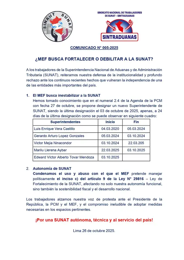 Sindicatos se oponen a la alta rotación en la SUNAT.    