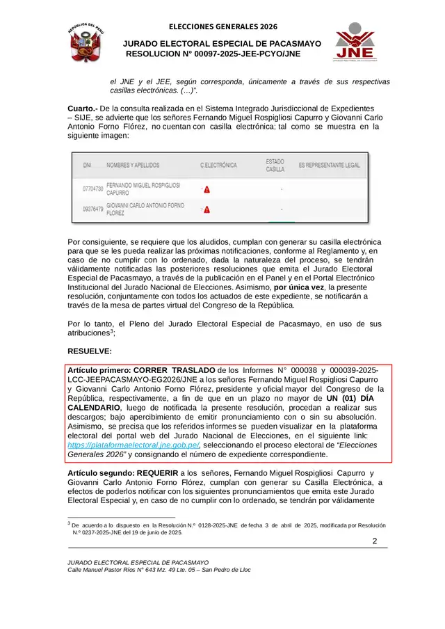 Decisión de la resolución N° 00097-2025-JEE-PCYO/JNE