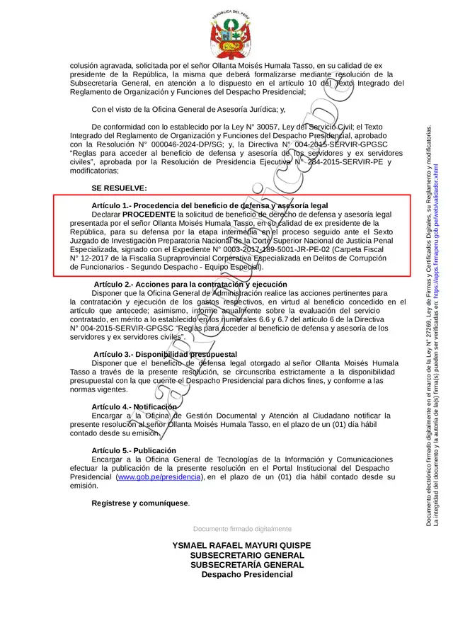  Pedido de Ollanta Humala para que el Ejecutivo le financie su defensa legal en el caso Gasoducto Sur   