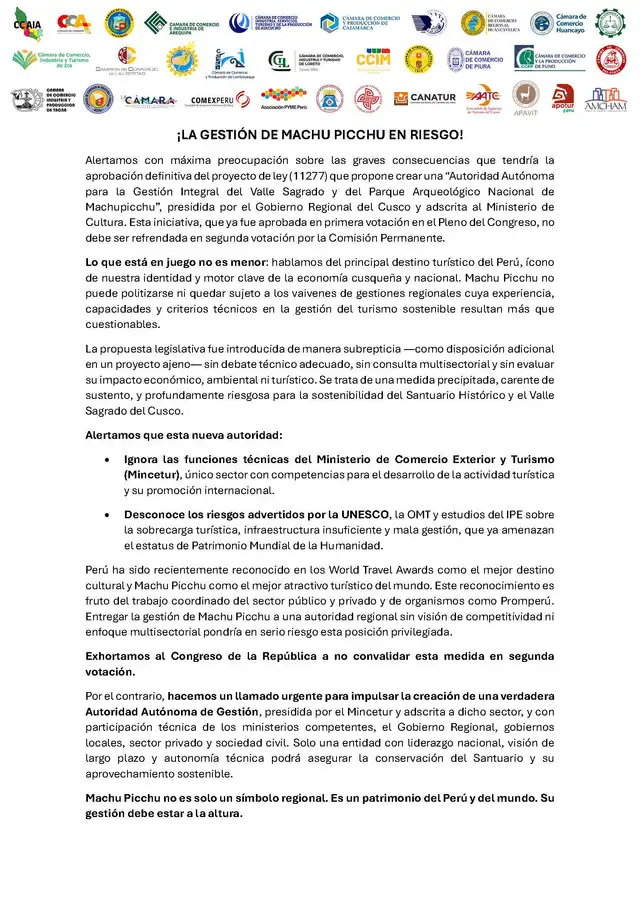  Comunicado de gremios de turismo en Machu Picchu. Foto: Comex Perú.   