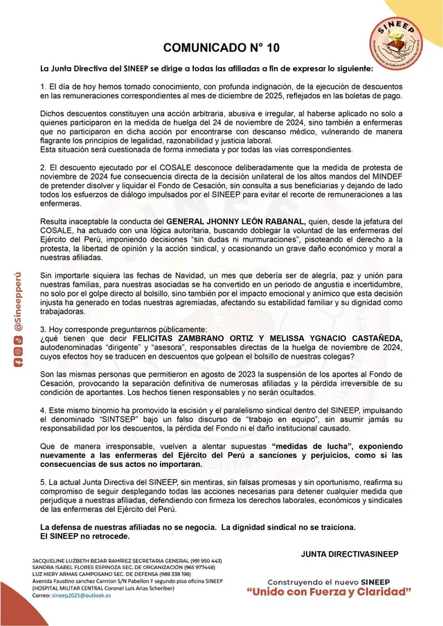 SINEEP afirmó en su comunicado que la gestión del general León Rabanal ha ''pisoteado sus derechos''. Foto: SINEEP.   