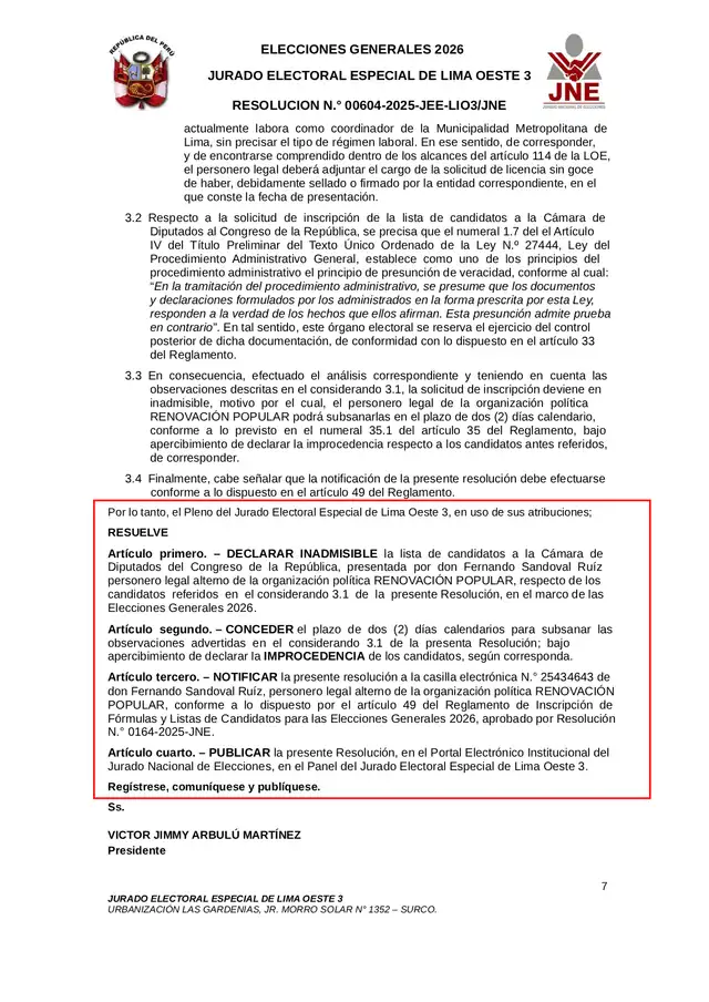  Lista de candidatos por Lima Metropolitana de Renovación Popular fue declarada inadmisible   