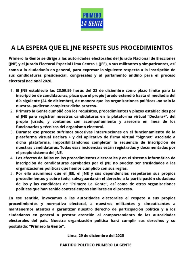  Comunicado de Primero la Gente   