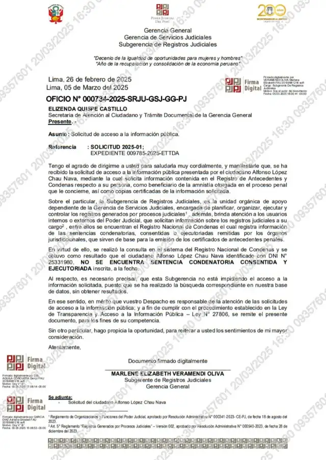  Resolución del Poder Judicial respecto a López-Chau. Foto: difusión   