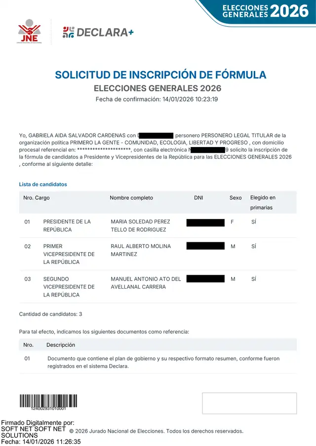  Solicitud de inscripción de la plancha presidencial de Primero la Gente. 